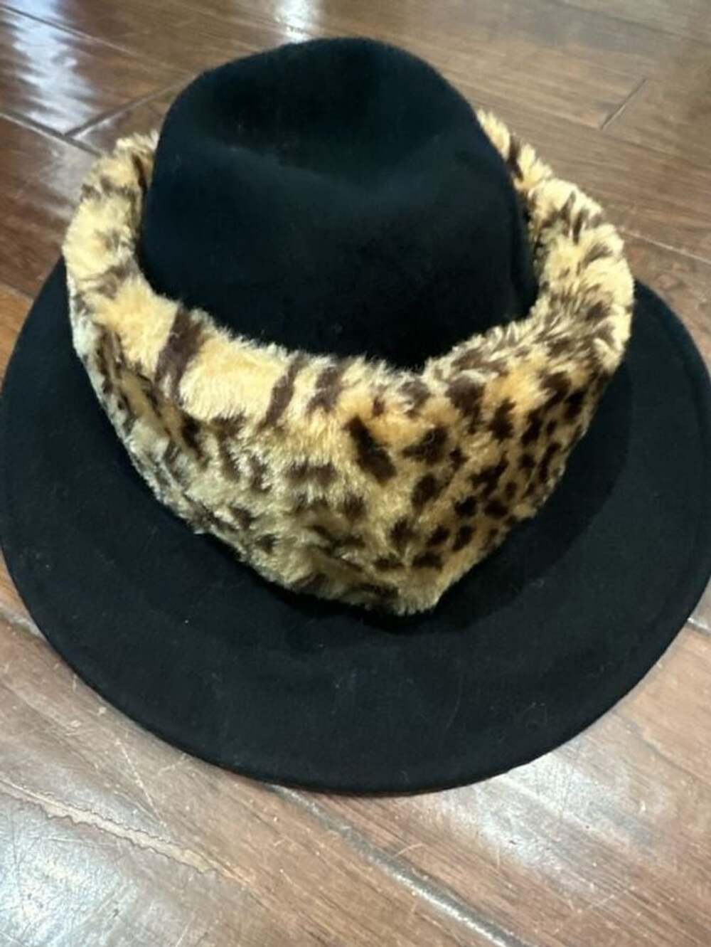 Vintage Wool Fedora Hat Black Leopard Faux Fur Trim